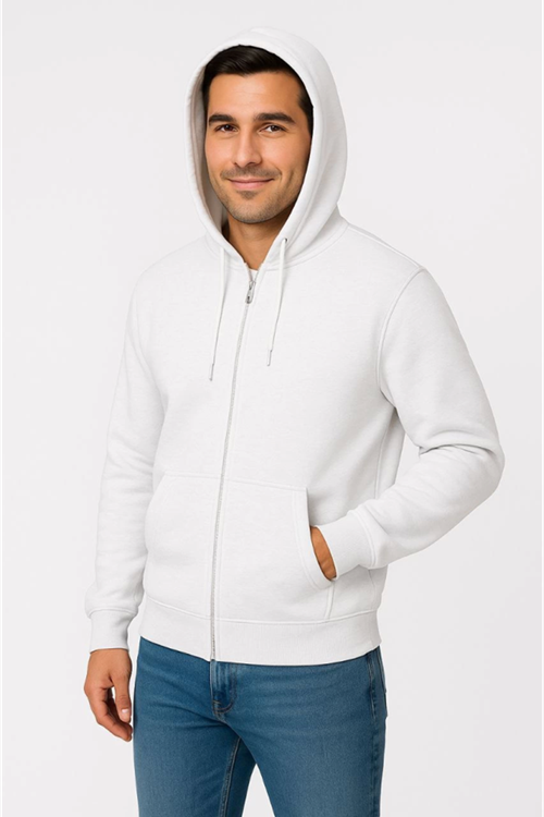 Erkek Üç İplik Kapüşonlu Tam Fermuarlı Kanguru Çepli SweatShirt Hoodie - Beyaz