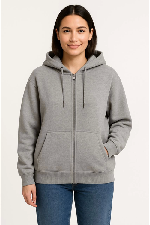 Üç İplik Kapüşonlu Tam Fermuarlı Kanguru Çepli SweatShirt Hoodie - Gri