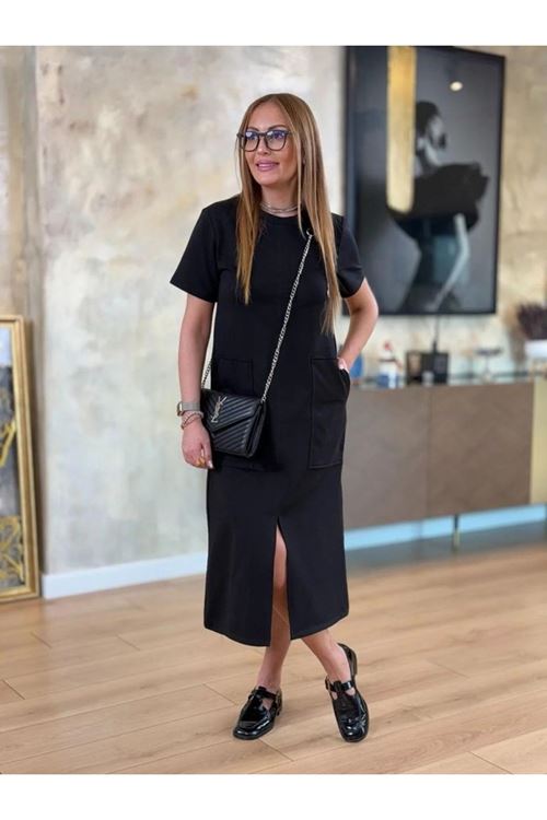 Kadın Kısa Kollu Bisiklet Yakalı Cepli önden Yırtmaçlı Viskon Iki Iplik Midi Elbise