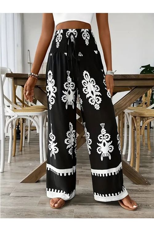 Kadın Yüksek Bel Büzgülü Etnik Desen Baskılı Süprem Pantolon