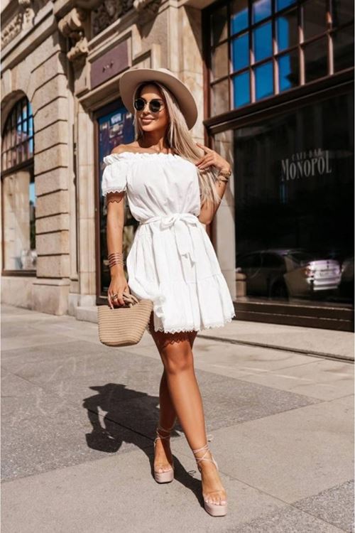 Kadın Madonna Yaka Pütür Detay Pamuklu Mini Elbise