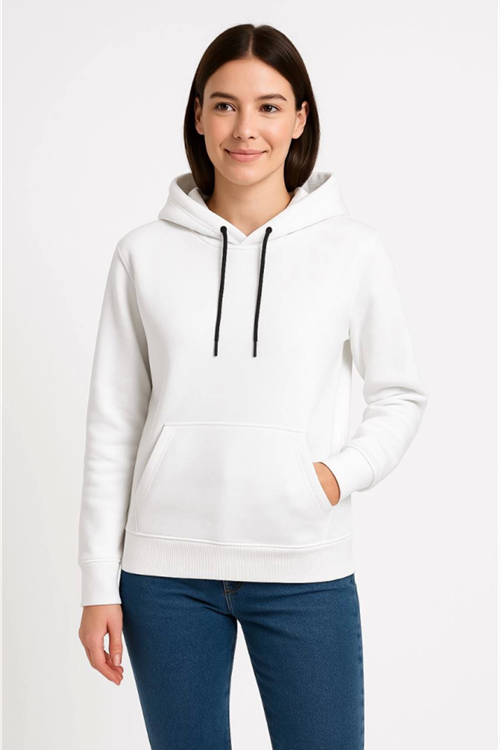 Üç İplik Kapüşonlu Kanguru Çepli SweatShirt Hoodie - Beyaz
