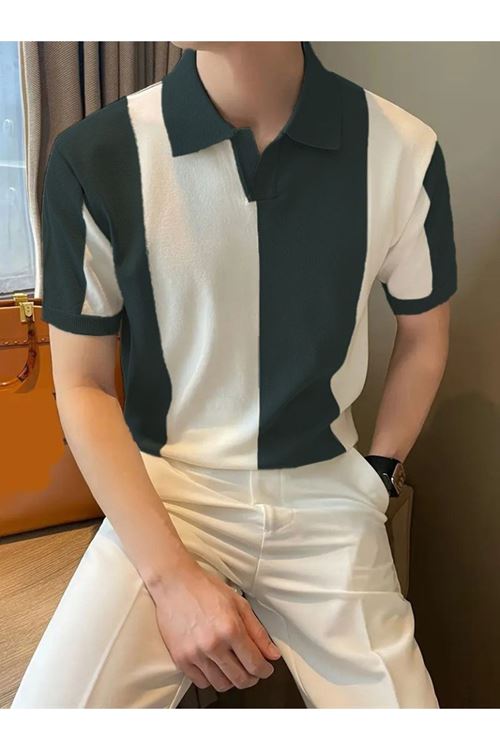Erkek Kısa Kollu Polo Yakalı Blok Desenli Triko Bluz