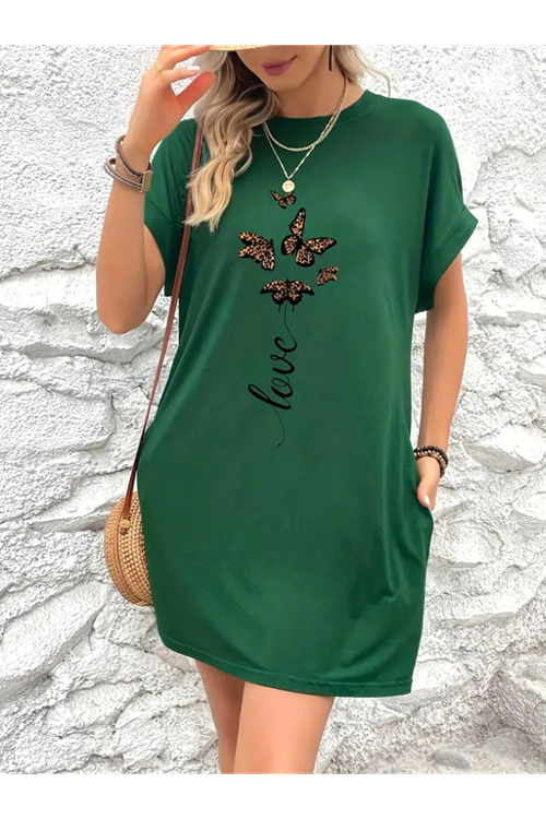 Kadın Kısa Kollu Bisiklet Yaka Cepli Kelebek Baskılı Viskon Elbise