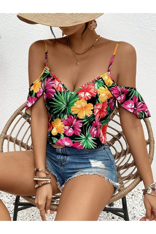 Kadın Askılı Omuzlardan Açık çiçek Baskılı Bluz
