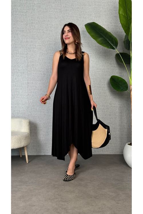 Kadın çan Dokuma Kumaş V Yaka Asimetrik Kesim Elbise