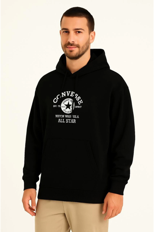 Üç İplik Kapşonlu ön Ve Arka Baskılı SweatShirt Hoodie- Siyah