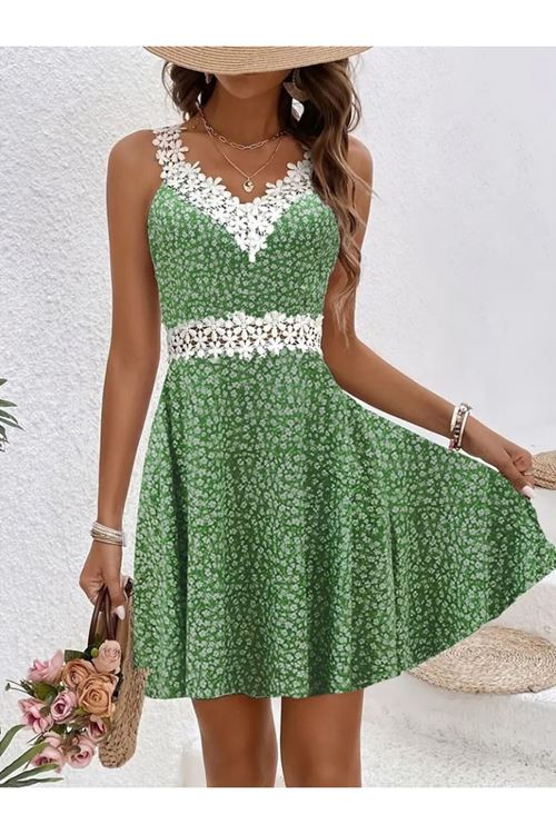 Kadın Askılı Dantel Yakalı çiçek Desenli Süprem Elbise