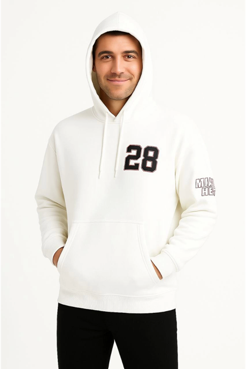 Üç İplik Kapüşonlu Ön Ve Arka Baskılı SweatShirt Hoodie - Beyaz