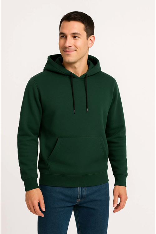 Erkek Üç İplik Kapüşonlu Kanguru Cepli SweatShirt Hoodie - Haki