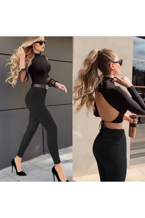 Likralı Yüksek Bel Jean Pantolon