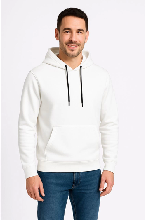 Erkek Üç İplik Kapüşonlu Kanguru Cepli SweatShirt Hoodie - Beyaz