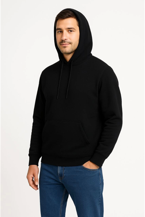 Erkek Üç İplik Kapüşonlu Kanguru Cepli SweatShirt Hoodie - Siyah