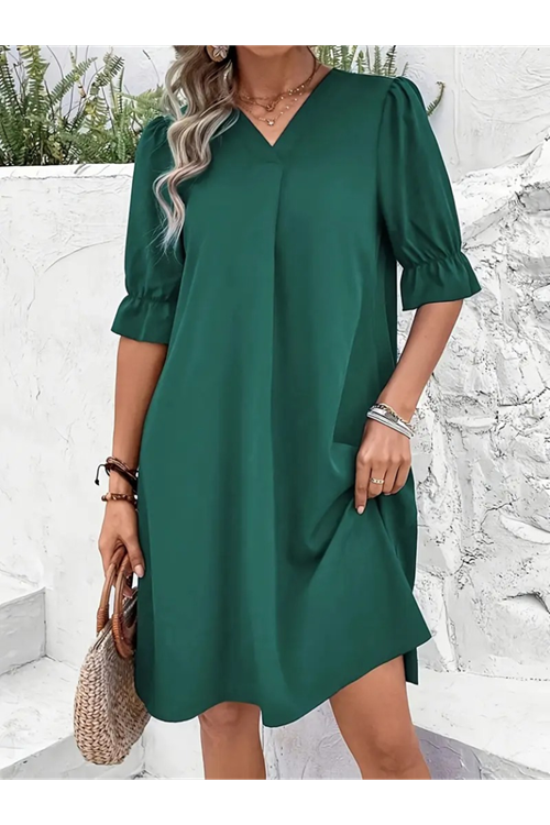 Kadın Kısa Kollu V Yakalı Salaş Janjan Krep Elbise