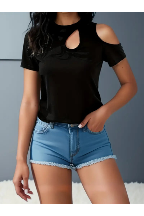 Kadın Kısa Kollu Tek Omuzu Açık Damla Detaylı Viskon Bluz