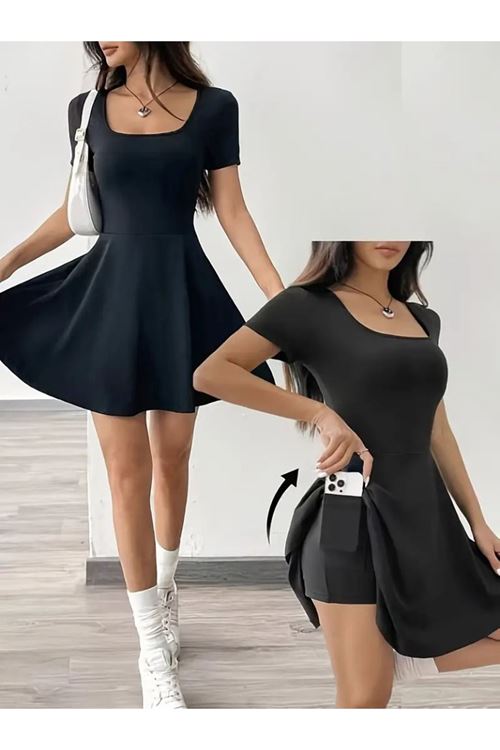 Kadın Kısa Kollu Kare Yaka Short Detaylı Cepli Dalgıç Elbise