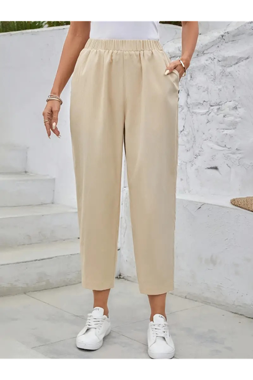 Kadın Yüksek Bel Yandan Cepli Düğme Detaylı Geniş Kesim Ithal Krep Pantolon