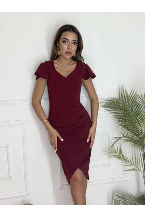 QKadın Kısa Kollu Kalp Yaka Yanlardan Büzgü Detay Midi Janjan Krep Elbise