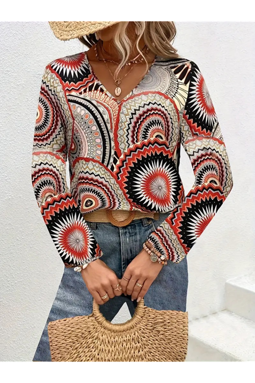 Kadın Uzun Kollu V Yakalı Desenli Süprem Bluz