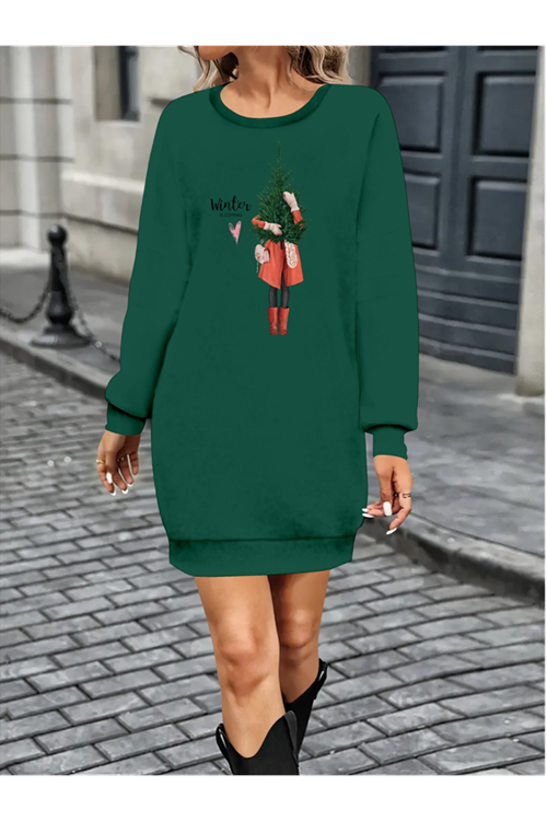 Kadın Uzun Kollu Bisiklet Yaka Desenli Kısa Viskon Iki Iplik Elbise