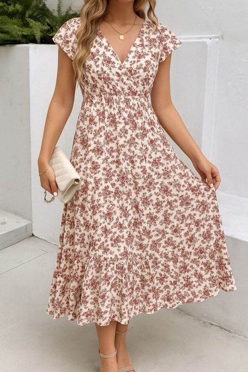 Kadın Kısa Kollu Kruvaze Yaka Beli Lastikli çiçek Desenli Elbise