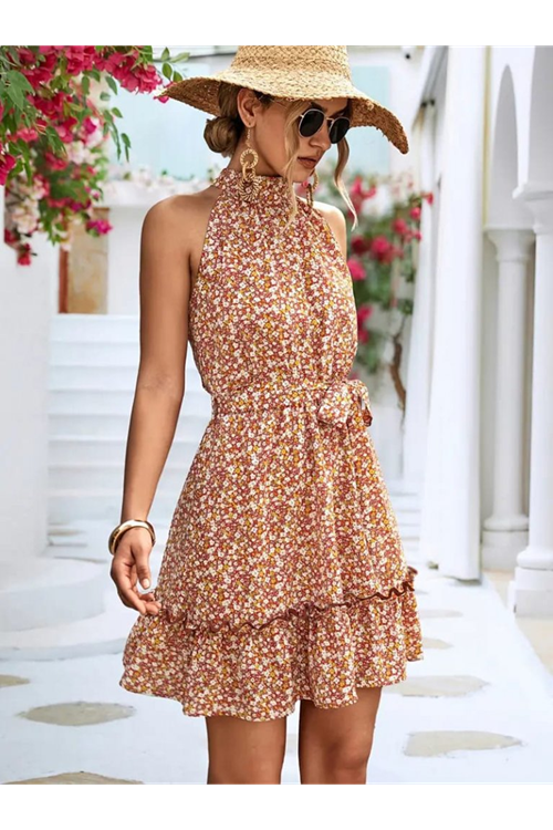 Kadın Eteği Volanlı Halter Yaka Süprem Elbise