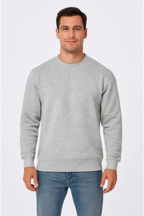 Erkek Üç İplik Düz Bisiklet Yaka SweatShirt - Gri