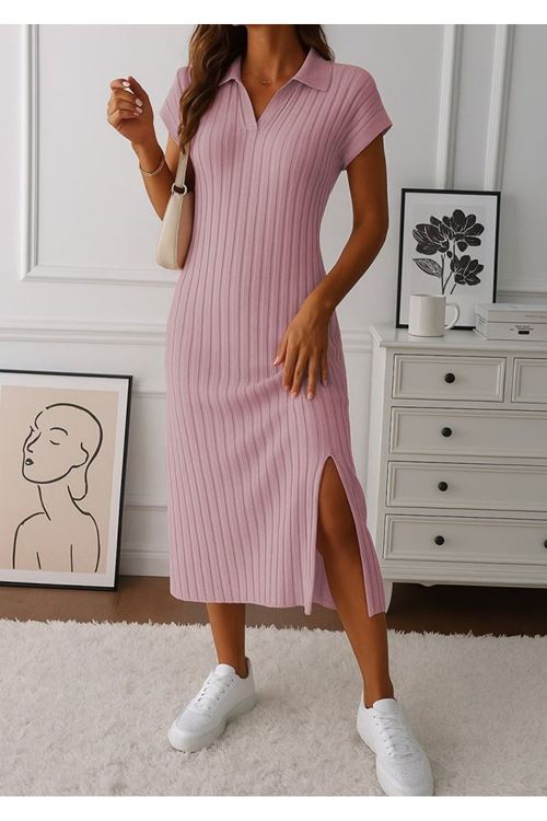 Kadın Kısa Kollu Yakalı Yandan Yırtmaçlı Kalın Fitilli Kaşkorse Elbise