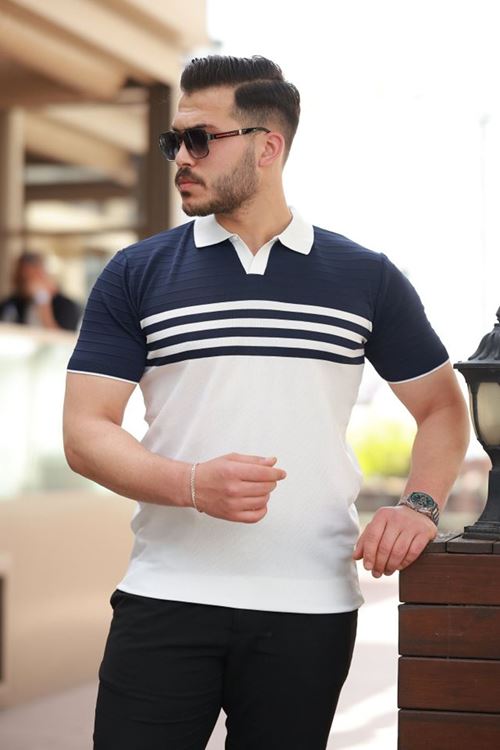 Erkek çizgi Desenli Yakalı Kısa Kollu T-shirt