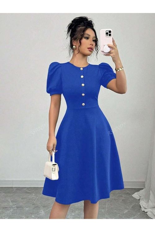 Kadın Kısa Kollu Bisiklet Yaka önden Düğmeli Ithal Krep Elbise