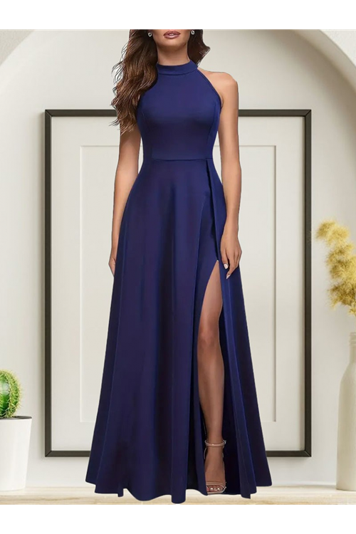 Kadın Halter Yaka Derin Yırtmaç Detaylı Tam Boy Janjan Krep Abiye Elbise