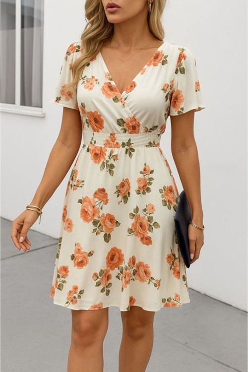 Kadın Kısa Kollu Kruvaze Yakalı Desenli Süprem Kısa Elbise