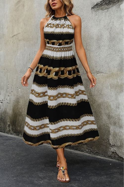 Kadın Kolsuz Boyundan Bağlamalı Beli Lastikli Dijital Baskı Süprem Uzun Elbise