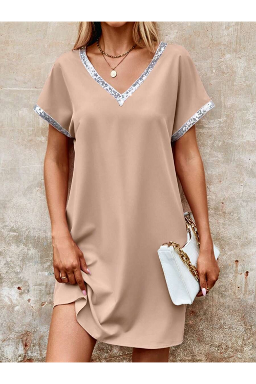 Kadın Yaka Ve Kol Pul Payet şeritli Ithal Krep Elbise