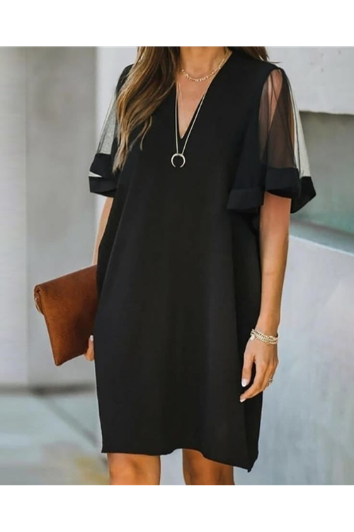 Kadın Tüllü Kısa Kollu V Yaka Krep Elbise