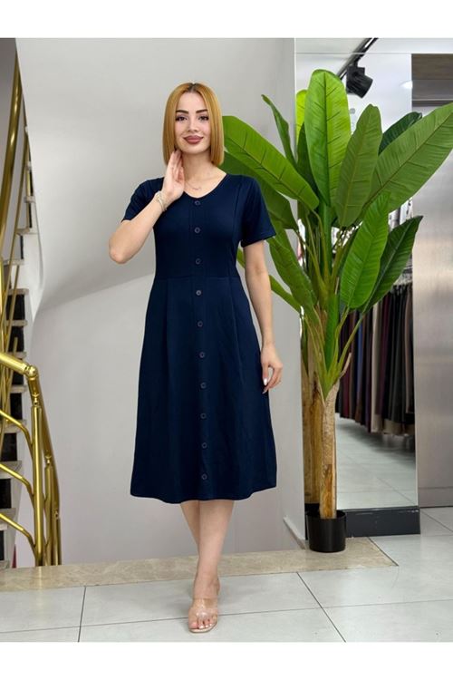 Kadın Kısa Kollu V Yakalı önden Düğmeli A Kesim Dokuma Elbise