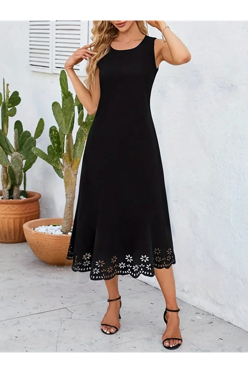 Kadın Kolsuz Etek Ucu Lazer Kesim çiçek Desenli Midi Boy Janjan Krep Elbise