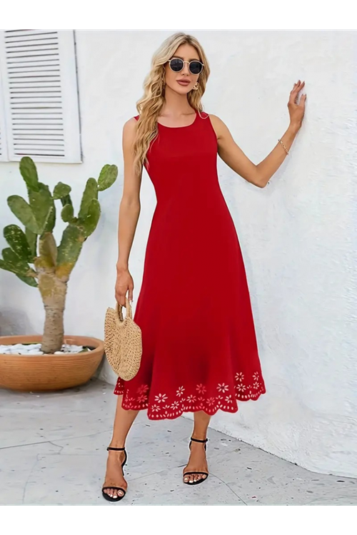 Kadın Kolsuz Etek Ucu Lazer Kesim çiçek Desenli Midi Boy Ithal Krep Elbise