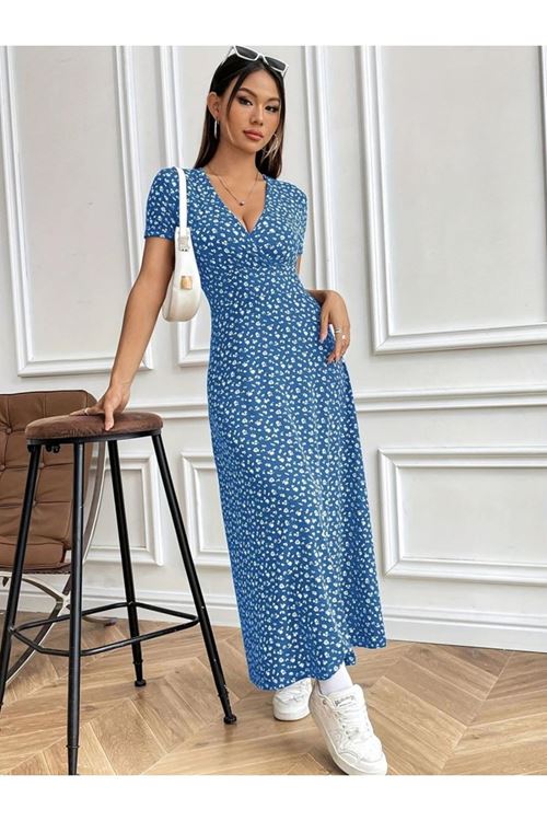 Kadın Kısa Kollu Kruvaze Yakalı çiçek Desenli Süprem Elbise