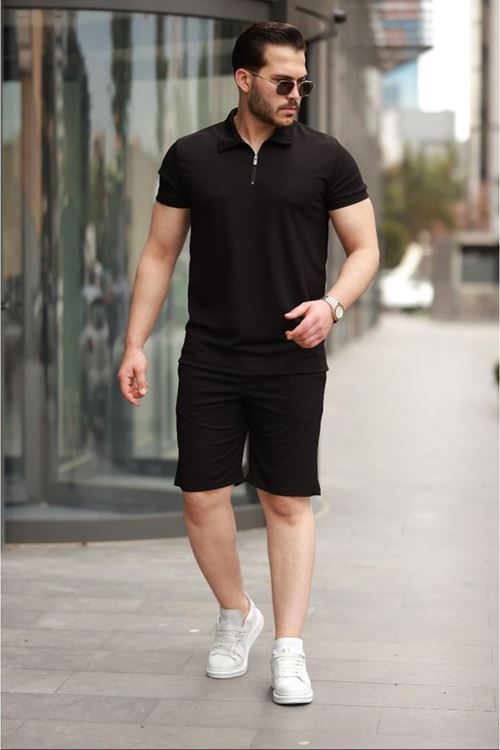 Erkek Yakalı Fermuarlı T-shirt şort Ikili Takım