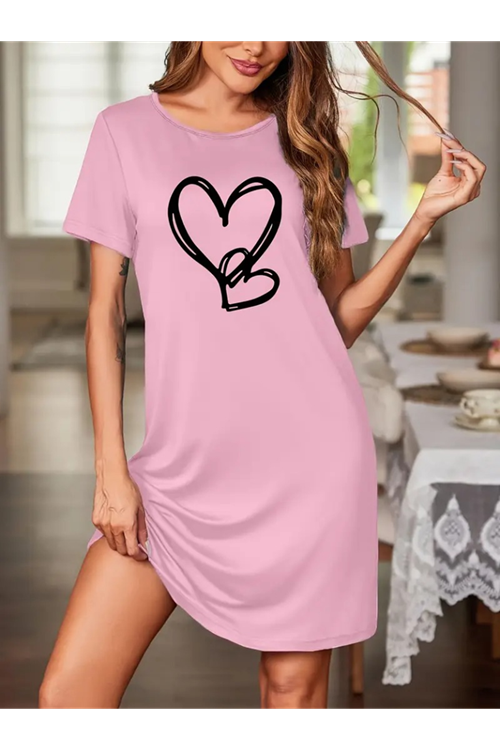 Kadın Kısa Kollu Bisiklet Yaka Kalp Desenli Viskon Elbise