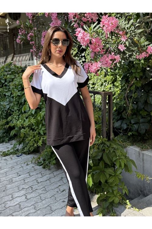 Kadın Kısa Kollu V Yaka Siyah Beyaz Renkli Viskon Iki Iplik Kumaş Eşofman Takımı