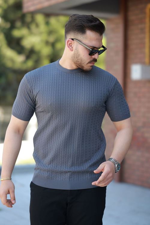 Erkek Bisiklet Yaka örgü Desenli Kısa örme Triko Kısa Kollu T-shirt