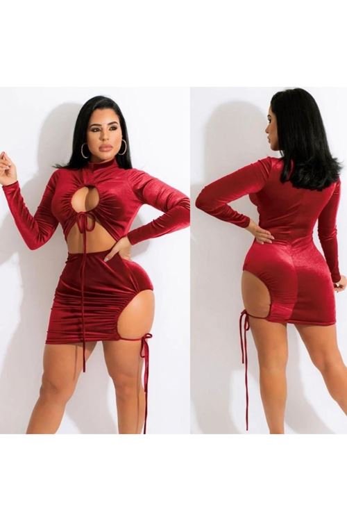 Kadın Uzun Kollu Full Dekolte Detay Kadife Kumaş Elbise