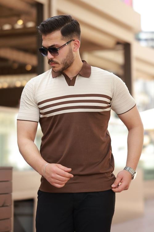 Erkek çizgi Desenli Yakalı Kısa Kollu T-shirt