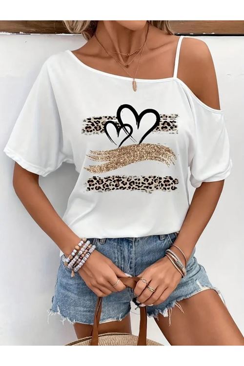 Kadın Tek Omuzu Açık Ip Askılı Baskılı Viskon Bluz