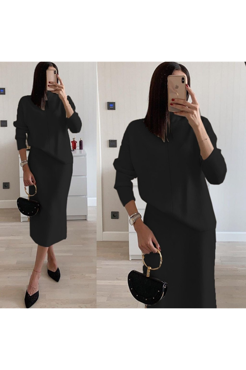 Kadın Uzun Kollu Boğazlı Kazak Ve Yanı Yırtmaçlı Etek Akrilik Ikili Takım