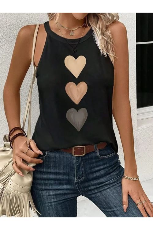 Kadın Omuzlardan Açık Boyundan Askılı Kalp Baskılı Viskon Bluz