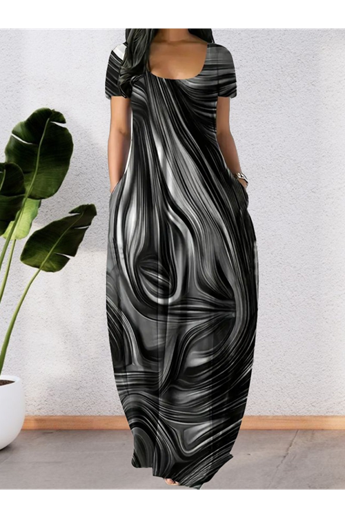 Kadın Kısa Kollu Yuvarlak Yaka Cepli Salaş Baskılı Süprem Elbise