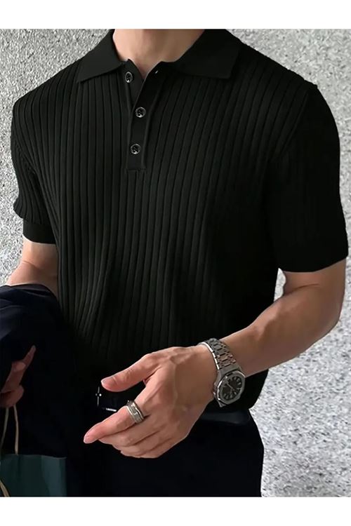 Erkek Kısa Kollu Yakalı Yakadan Düğmeli Triko Bluz